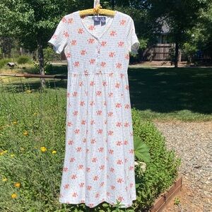Vintage Adorable Cottage  100% Cotton Gingham Floral White & Blue Midi Dress